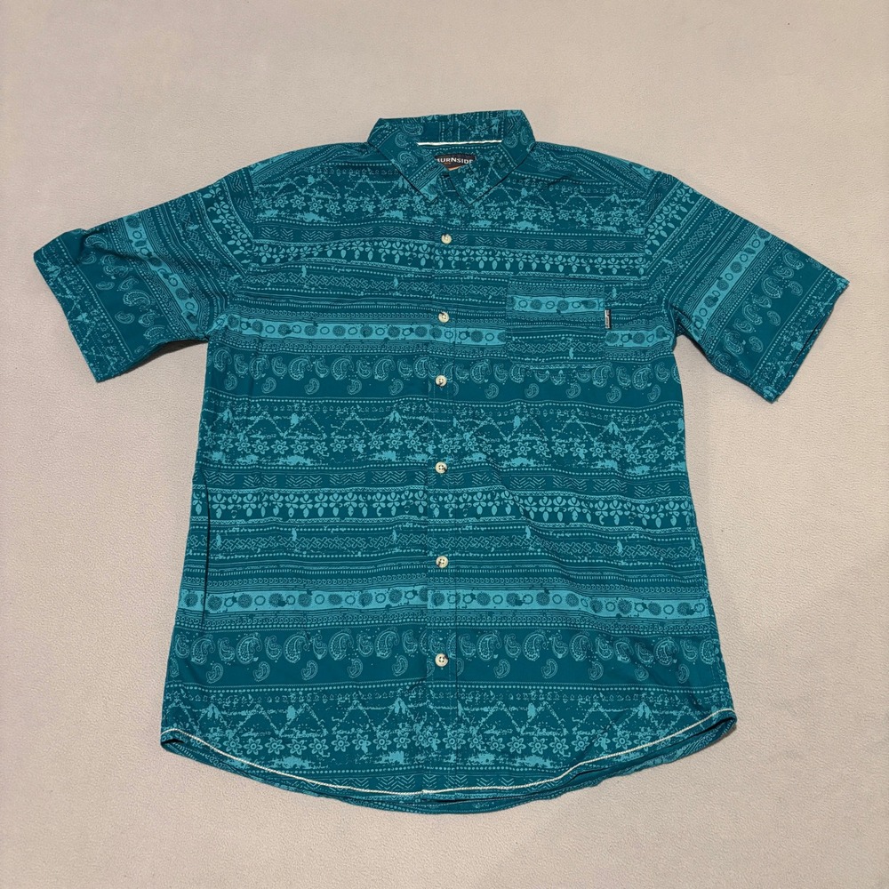 Burnside Mens XL Teal Blue Tribal Paisley Short Sleeve Shirt Beach Summer Hawaii